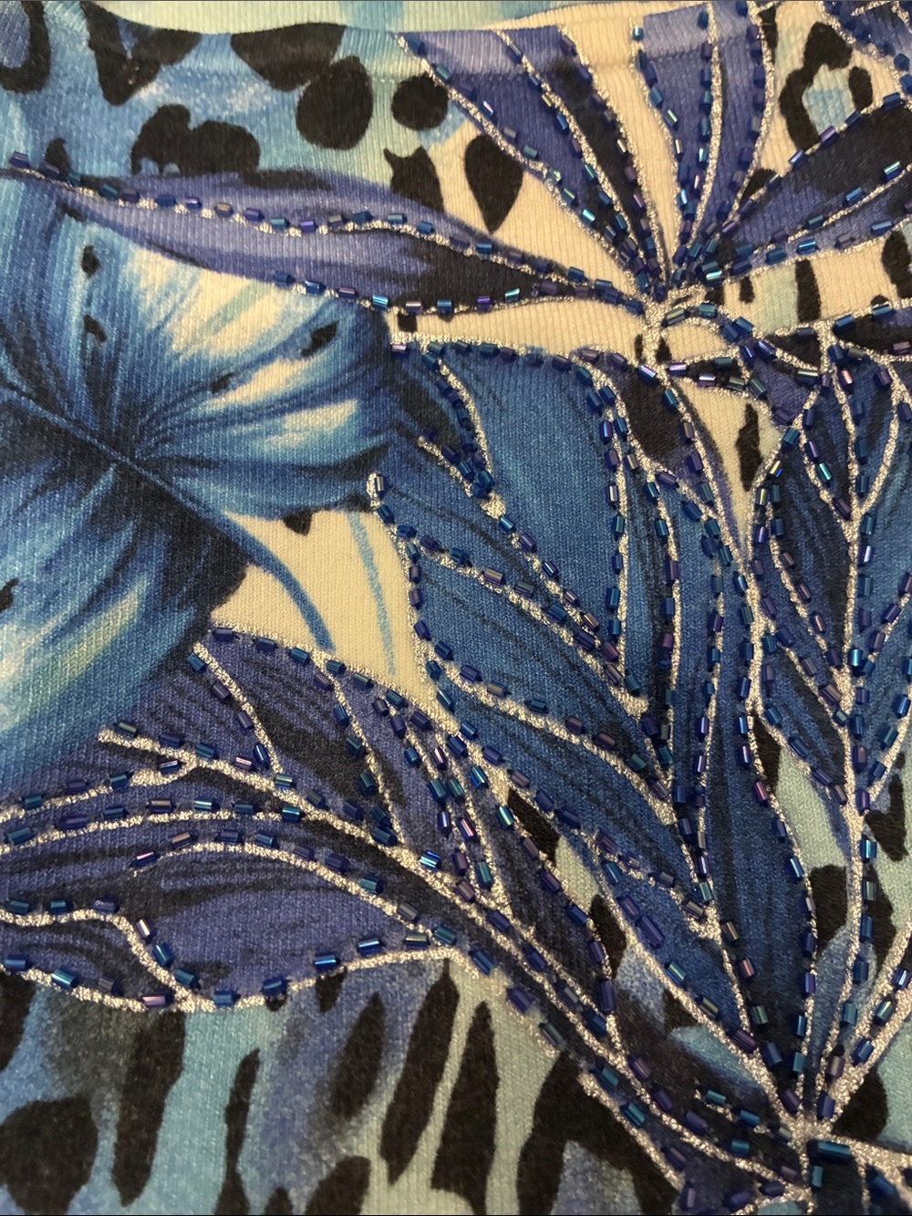 Cache Blue Beaded Tropical Animal Print Stretch Top XS Y2K - Picture 13 of 15